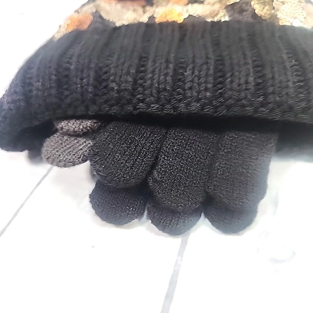 Justice Girls Cheetah BLK Sequin Ribbed Beanie w/faux fur & Gloves 2-Piece Set
